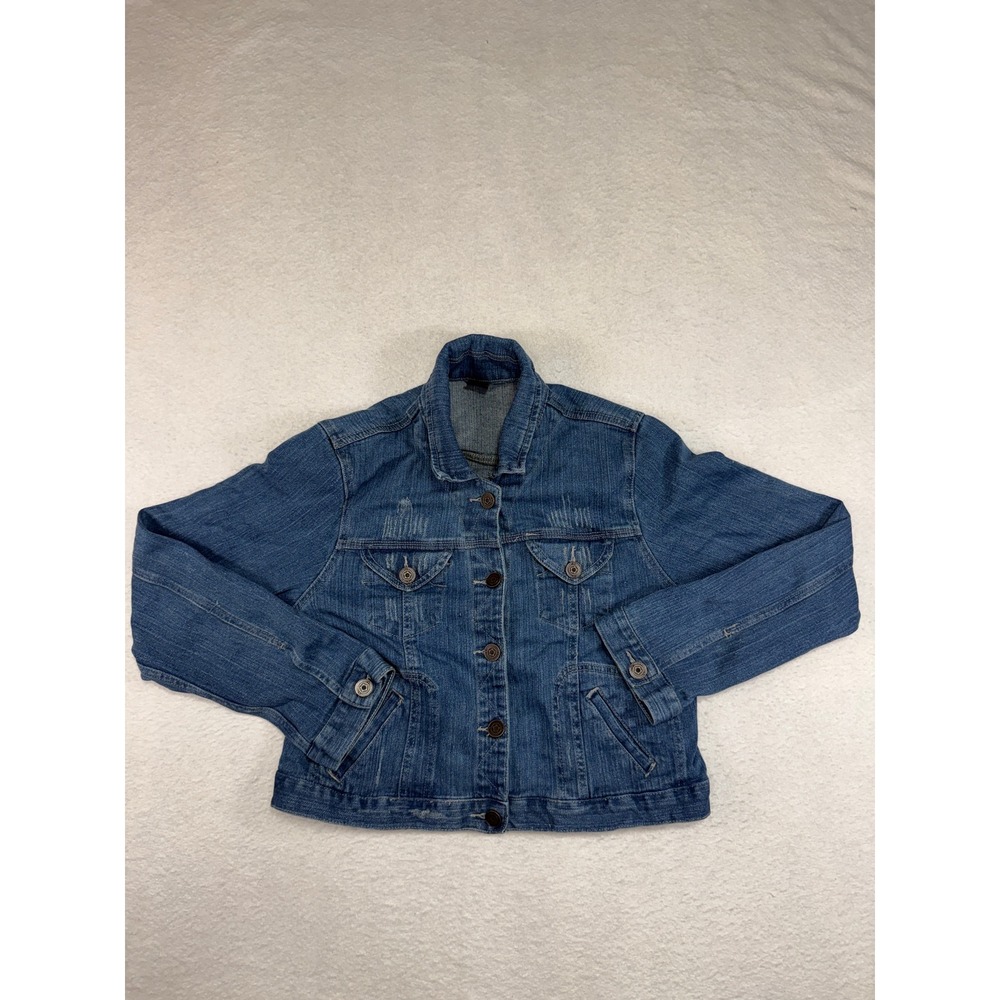 Massini Womens Medium Wash Distressed Denim Trucker Jacket Blue Size Large